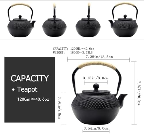 YJX Black Cast Iron Teapot, Tea Kettle for Stove Top, 40.6oz Tea Pot