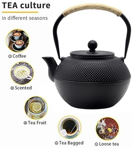 YJX Black Cast Iron Teapot, Tea Kettle for Stove Top, 40.6oz Tea Pot