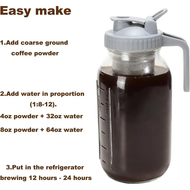 304 Stainless Steel Cold Brew Coffee Filter - 64oz Mason Jar Filter for Wide Mouth Jars, Durable Strainer with Seal Ring, Effortless Cleaning, Versatile Brewing Options for Iced Drinks & Sun Infusers