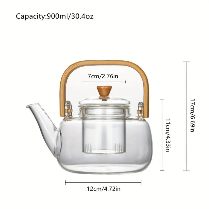 1 PC  High Borosilicate Glass Teapot with Bamboo Handle Detachable Infuser for Boiling and Brewing Flower and Herbal Tea Home Use Tea Kettle