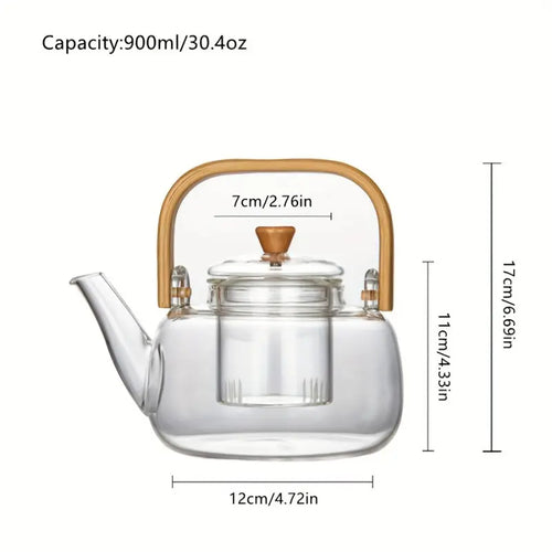 1 PC  High Borosilicate Glass Teapot with Bamboo Handle Detachable Infuser for Boiling and Brewing Flower and Herbal Tea Home Use Tea Kettle