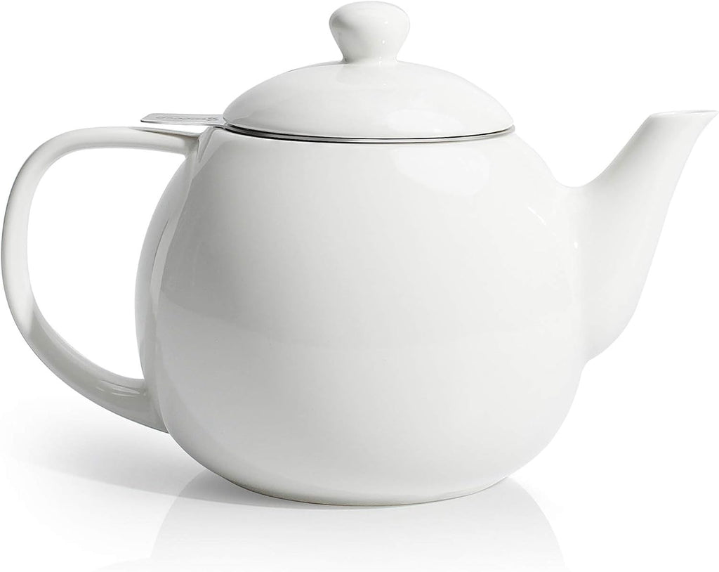 Sweese Teapots for Tea, 27 oz Porcelain Tea pot with Removable Stainless Steel Infuser, Tea Pots for Loose Tea - White