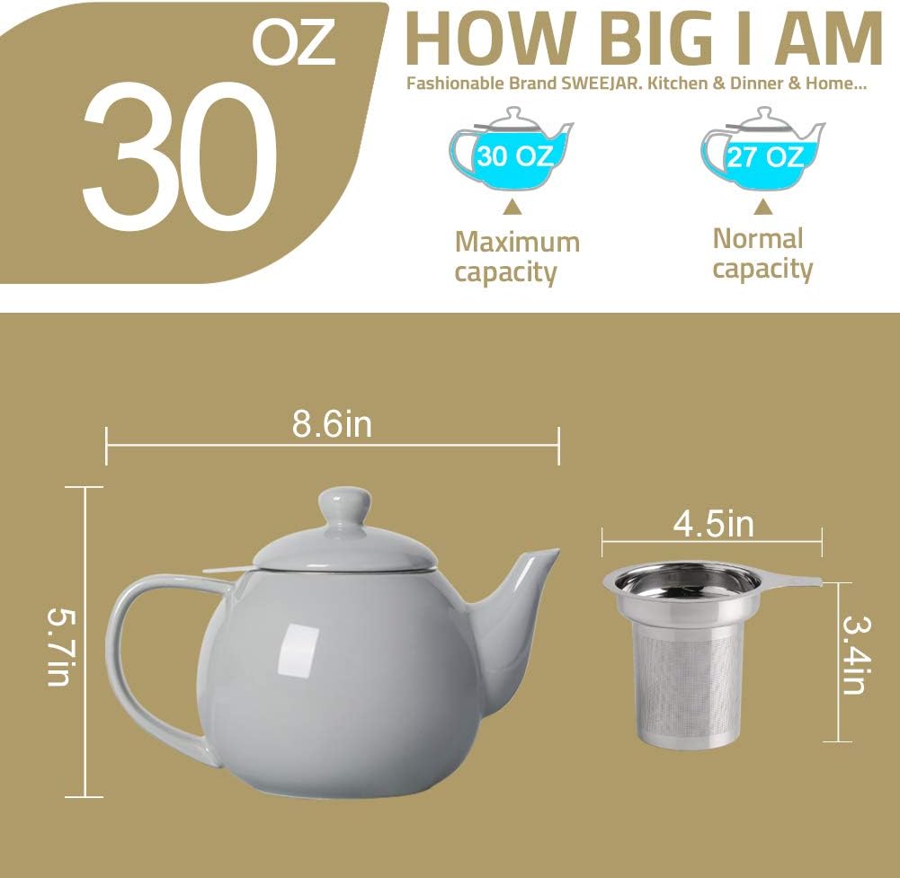 Sweejar Ceramic Tea Pots,30OZ Porcelain Teapot with Infuser(White)