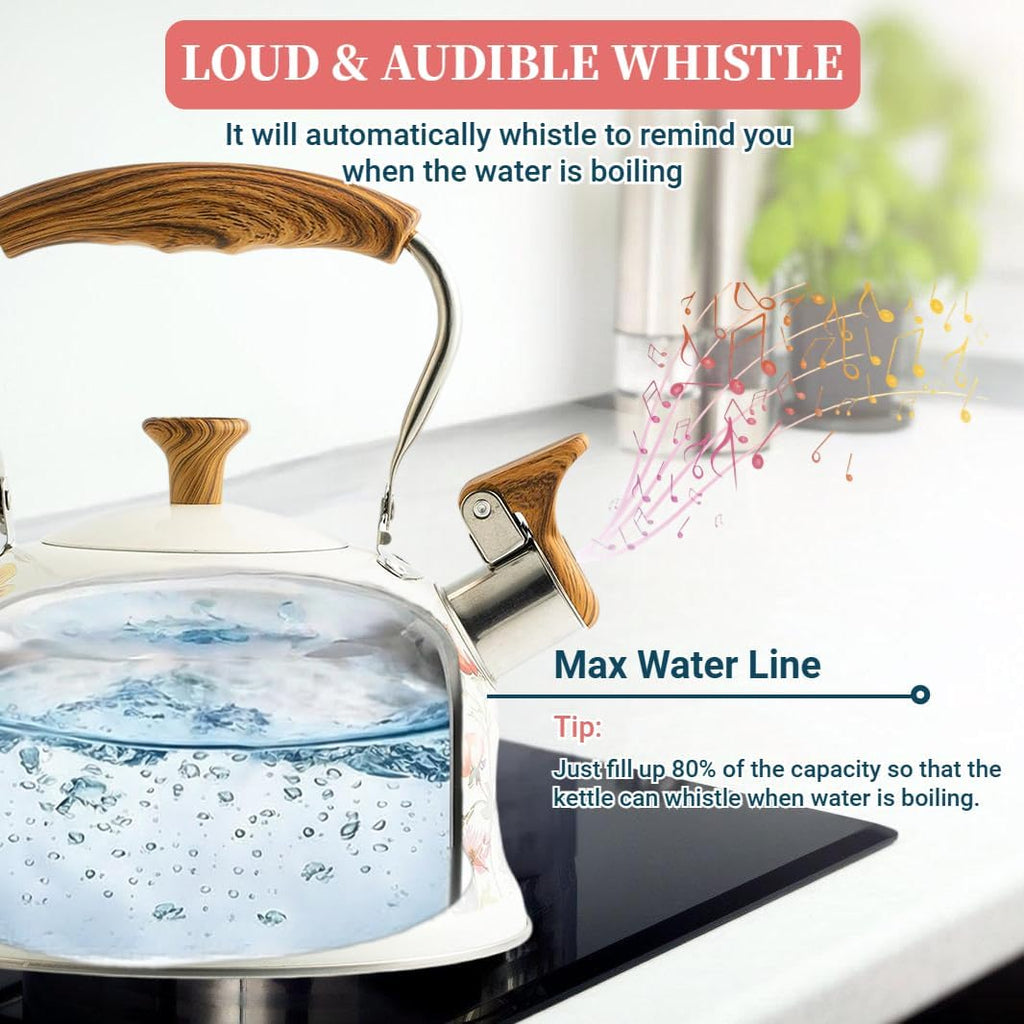 Tea Kettle for Stove Top, 2.7QT Whistling Kettle with Floral Pattern
