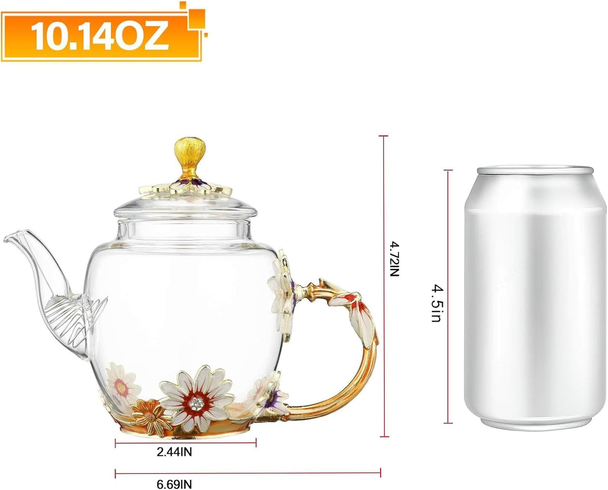 300ml Heat Resistant Glass Teapot with Golden Leaf Edge, Floral Pattern Ret