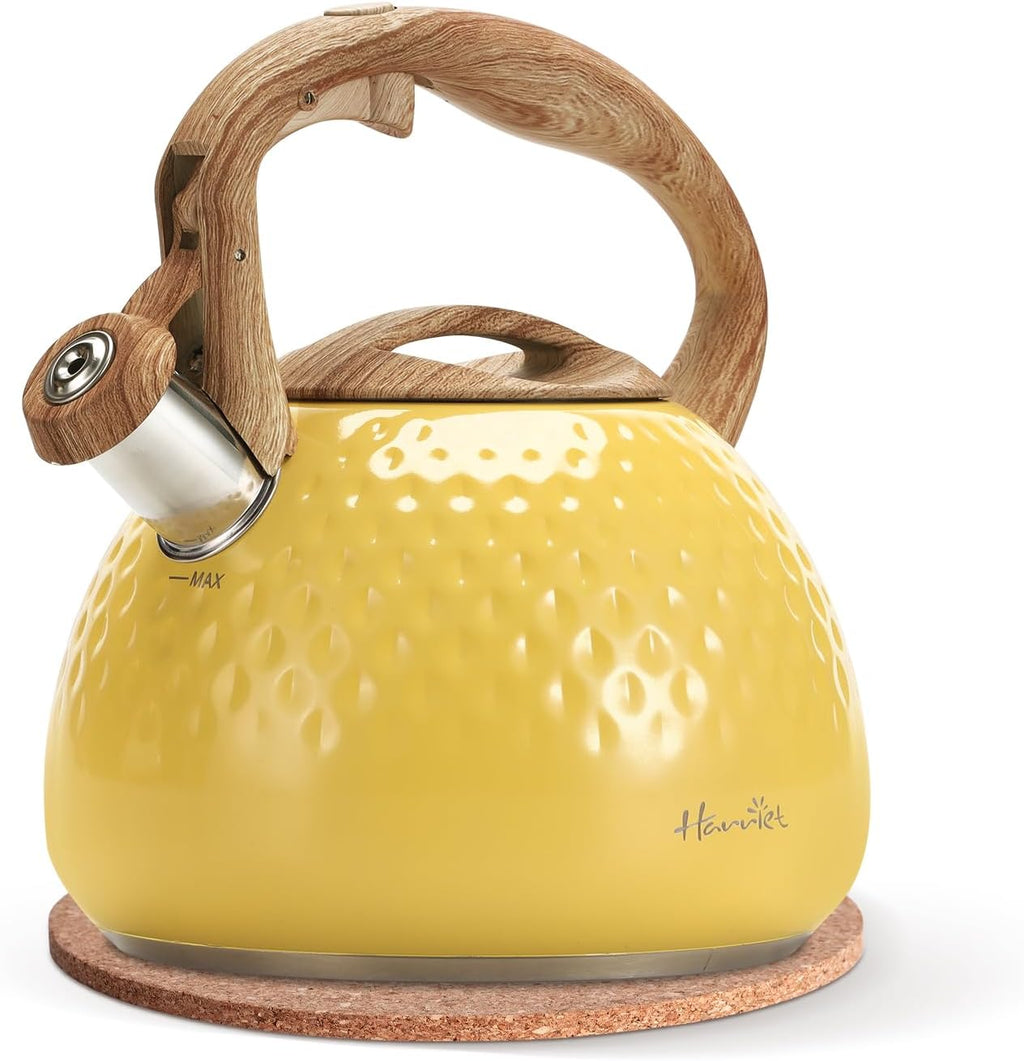 Harriet Whistling Tea Kettle, 2.5QT Food-Grade Steel Teapot, Yellow