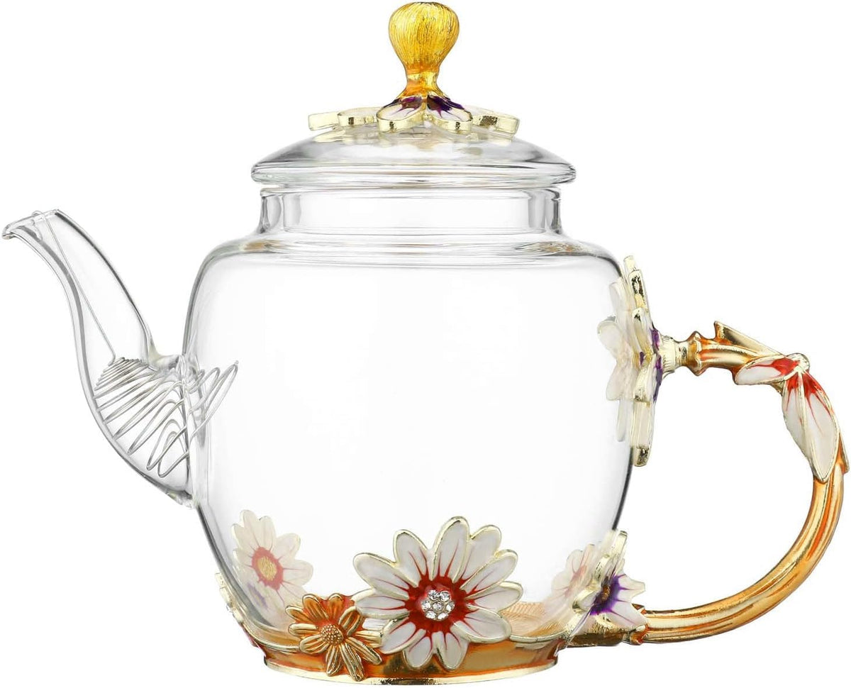 300ml Heat Resistant Glass Teapot with Golden Leaf Edge, Floral Pattern Ret