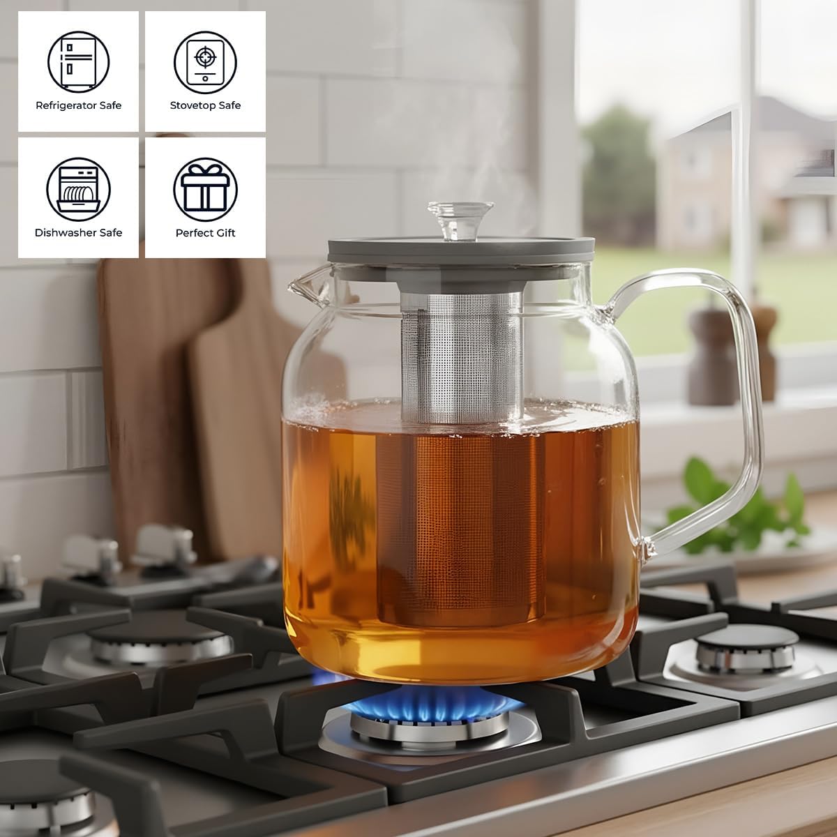 Aquach 68oz Glass Teapot Stovetop Safe with Loose Leaf Tea Steeper