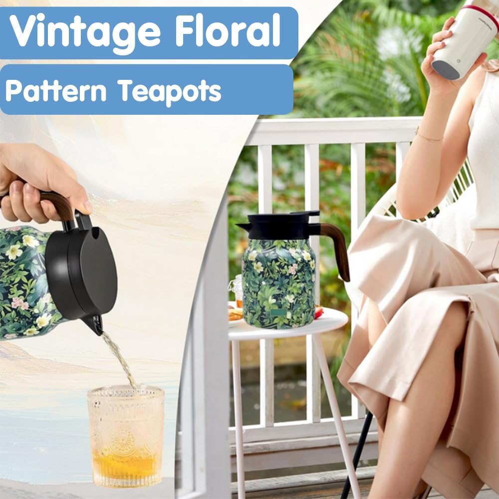 Vintage Floral Teapot with Built-in Infuser, Stainless Steel Thermal Carafe