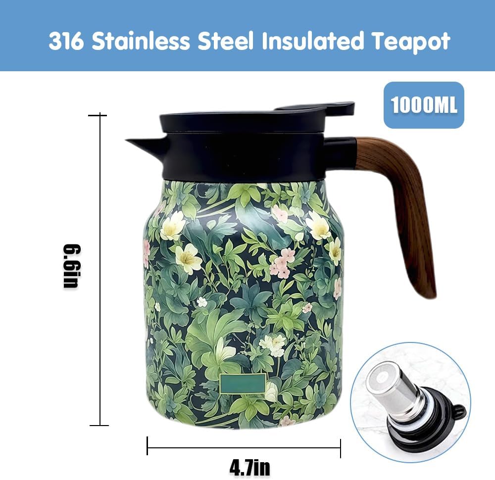 Vintage Floral Teapot with Built-in Infuser, Stainless Steel Thermal Carafe