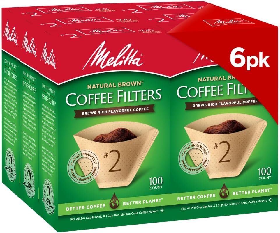 Melitta #2 Unbleached Coffee Filters, Natural Brown Cone Filters, 6-Pack