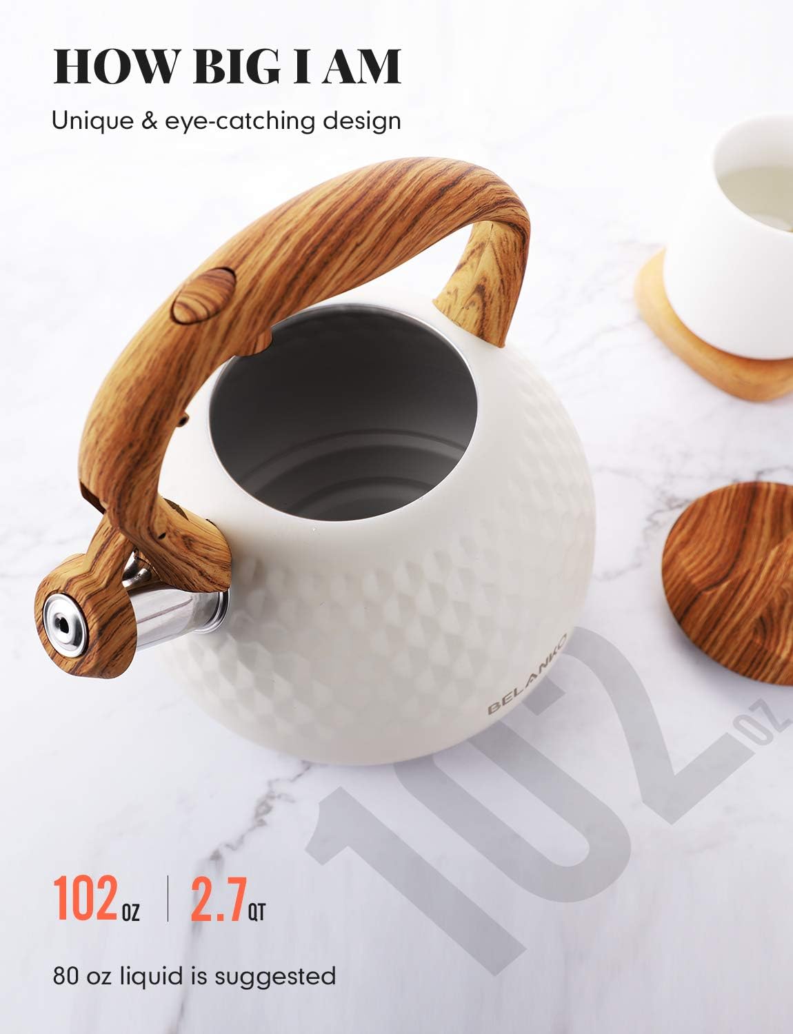 BELANKO 2.7 Quart Tea Kettle for Stovetop - Food Grade Stainless Steel with Diamond Texture, Designer Teapot Look, Cool-Touch Wood Pattern Handle, Whistling Spout - Milk White