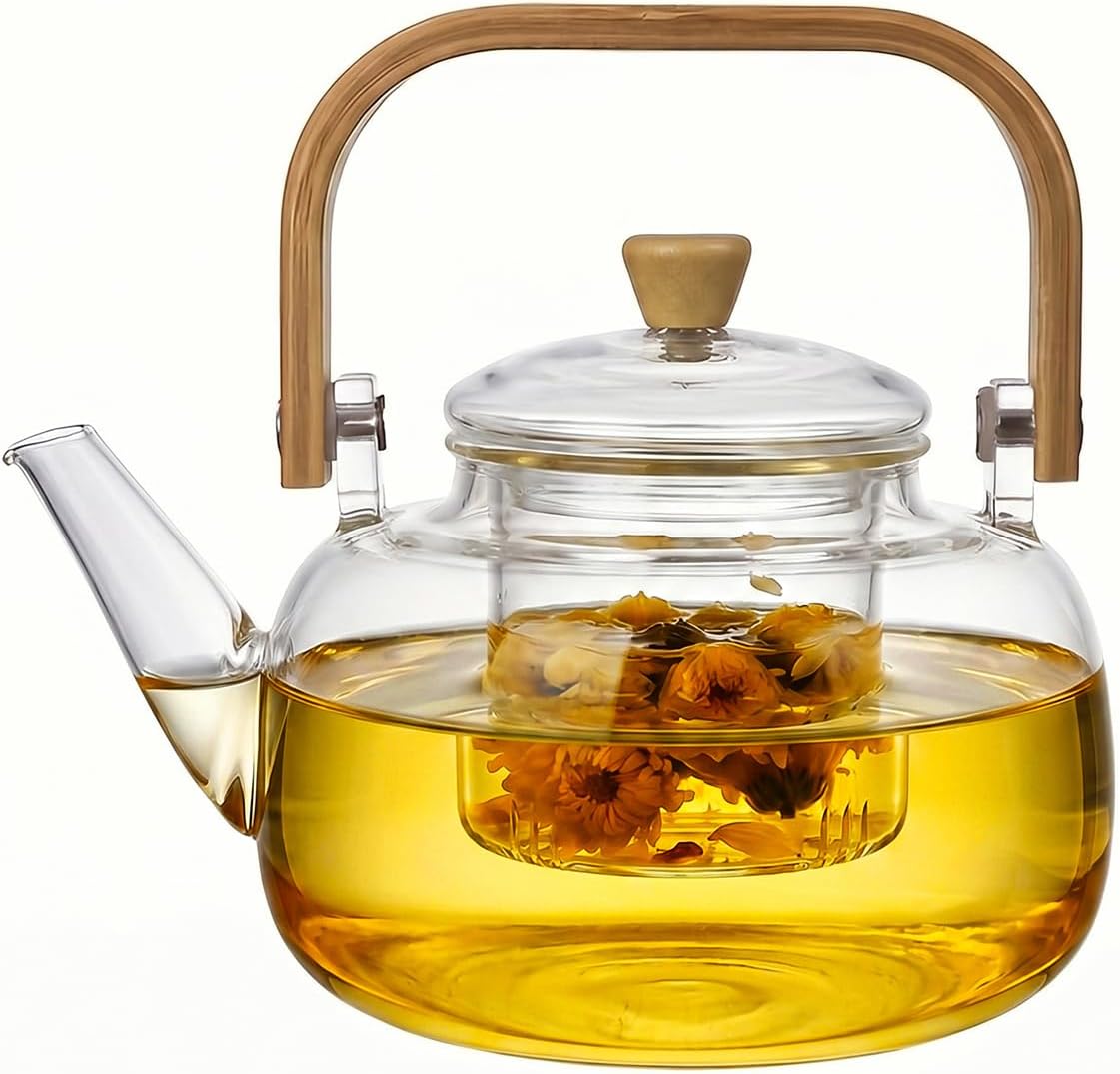 1500ml (50.72oz) Borosilicate Glass Teapot with Wooden Handle, Stovetop Safe Large Tea Kettle with Removable Glass Infuser for Blooming Tea & Loose Leaf Tea