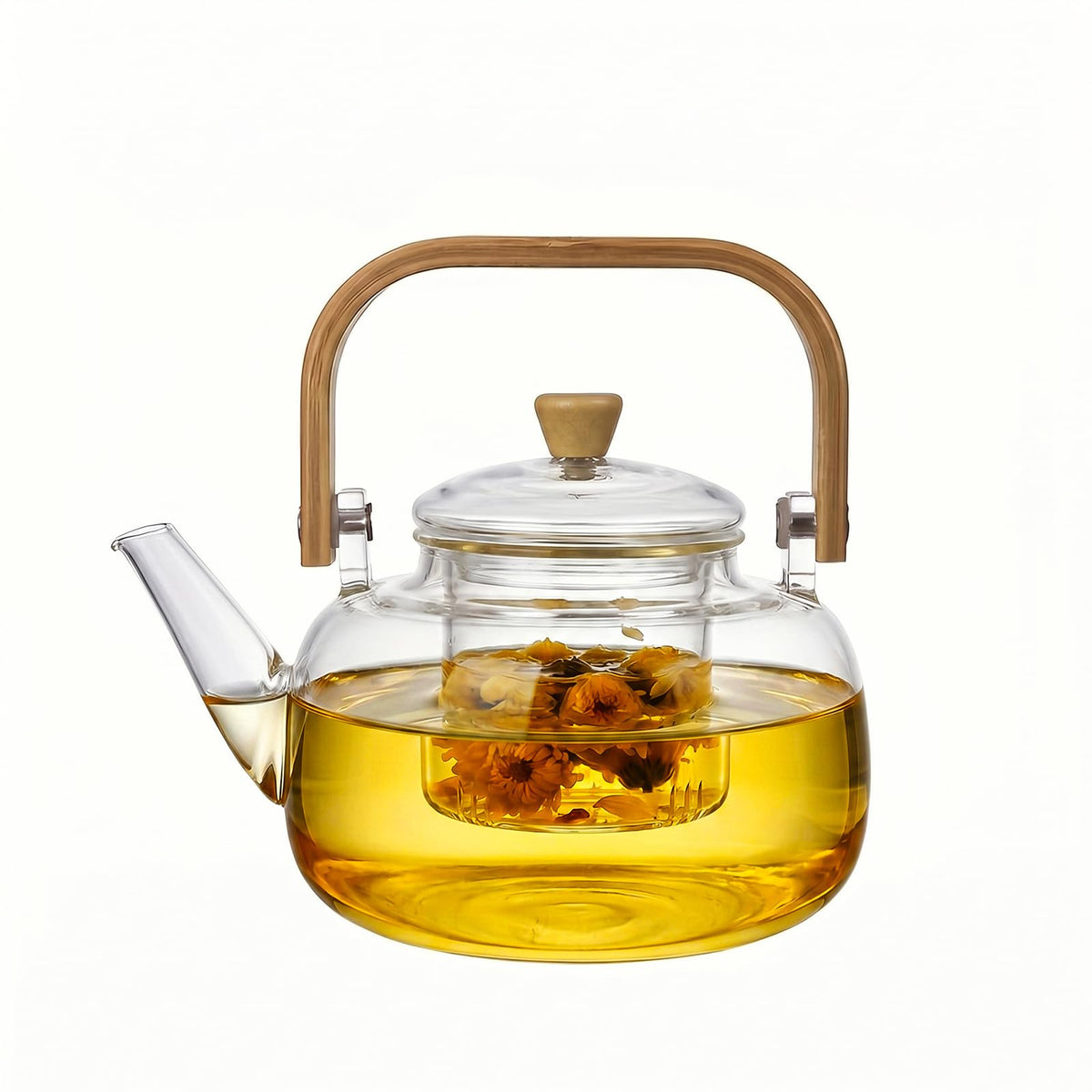 1500ml (50.72oz) Borosilicate Glass Teapot with Wooden Handle, Stovetop Safe Large Tea Kettle with Removable Glass Infuser for Blooming Tea & Loose Leaf Tea