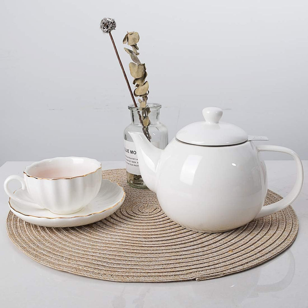 Sweejar Ceramic Tea Pots,30OZ Porcelain Teapot with Infuser(White)