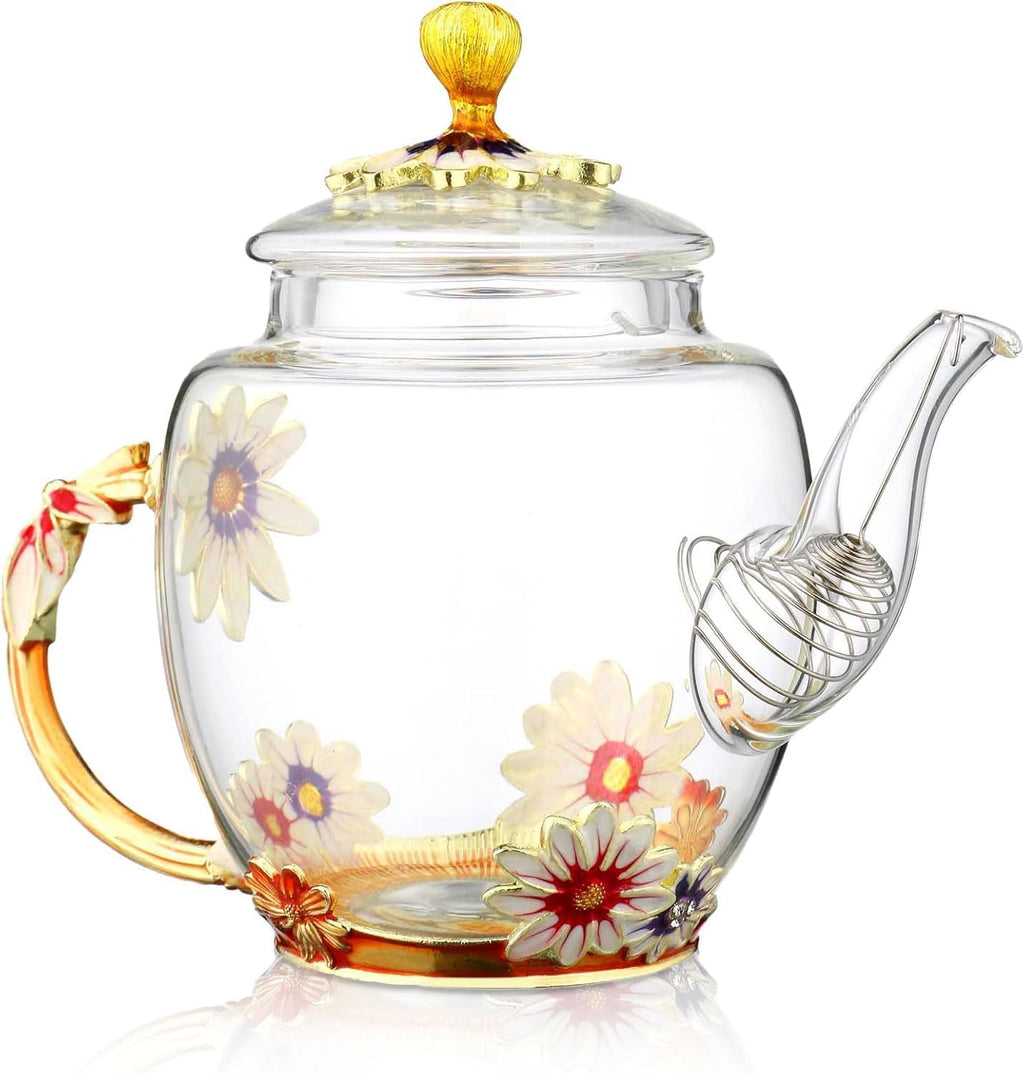 300ml Heat Resistant Glass Teapot with Golden Leaf Edge, Floral Pattern Ret