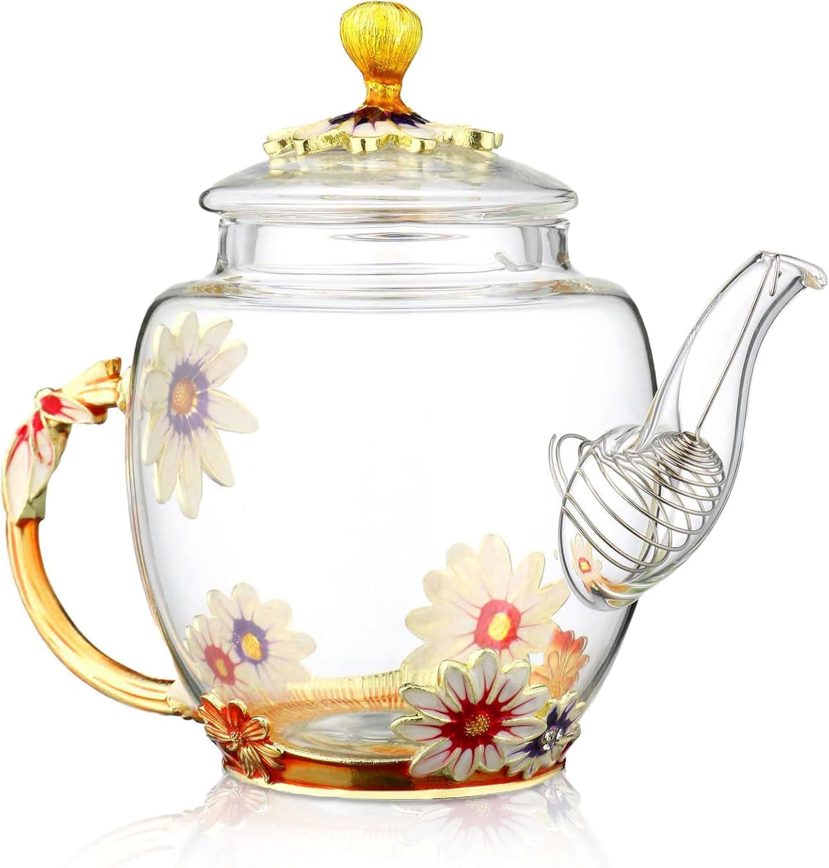 300ml Heat Resistant Glass Teapot with Golden Leaf Edge, Floral Pattern Ret