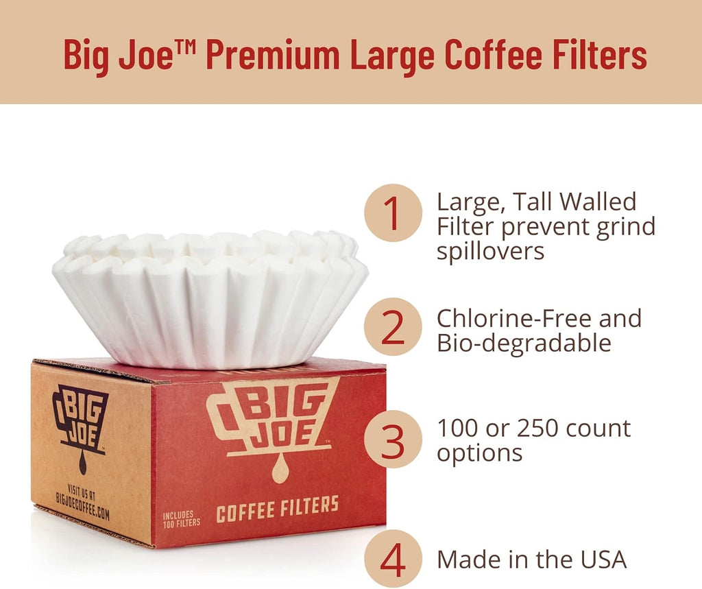 Big Joe® Large Coffee Filters (500 Count) - Extra Tall Walls Prevent Ground Overflow - Fits BUNN 12-Cup Commercial Pour Over & Drip Machines - 9¾" Diameter, 2¾" Walls - Made in USA