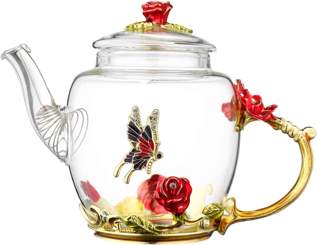 300ml Heat Resistant Glass Teapot with Golden Leaf Edge, Floral Pattern Ret