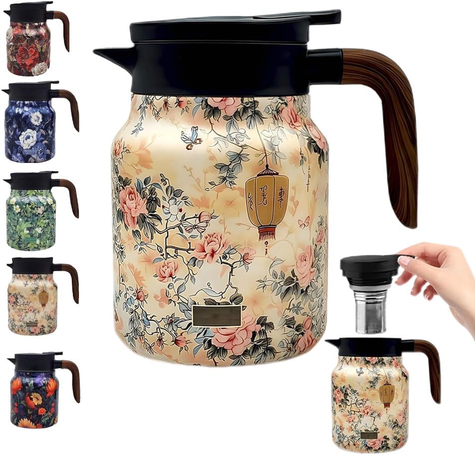 Vintage Floral Teapot with Built-in Infuser, Stainless Steel Thermal Carafe