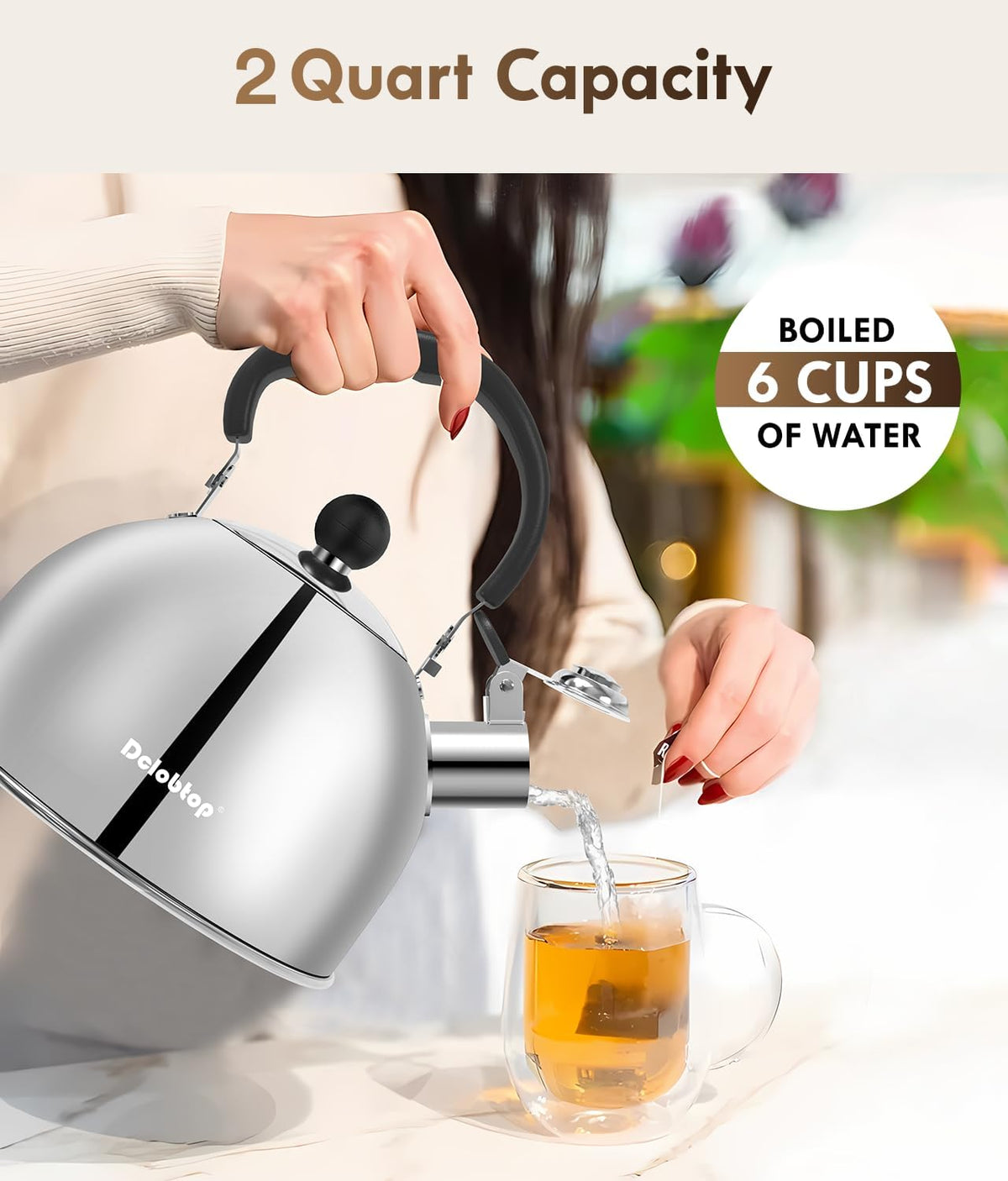 Tea Kettle for Stove Top - Stainless steel Teapot,2 Quart Camping Kettle, Efficient Heating, Audible Whistle, Safe Handle - Hot Water kettle & Tea Pot Stovetop (Silver)