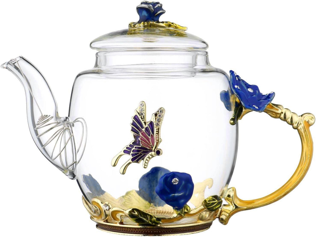 300ml Heat Resistant Glass Teapot with Golden Leaf Edge, Floral Pattern Ret