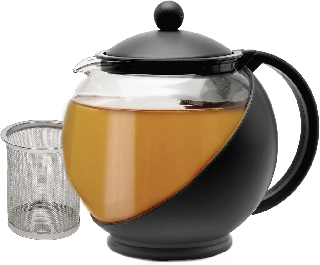 Primula Half Moon Teapot with Removable Infuser, Glass Tea Maker with Reusable Fine Mesh Stainless Steel Filter, Dishwasher Safe, 40-Ounce, Black