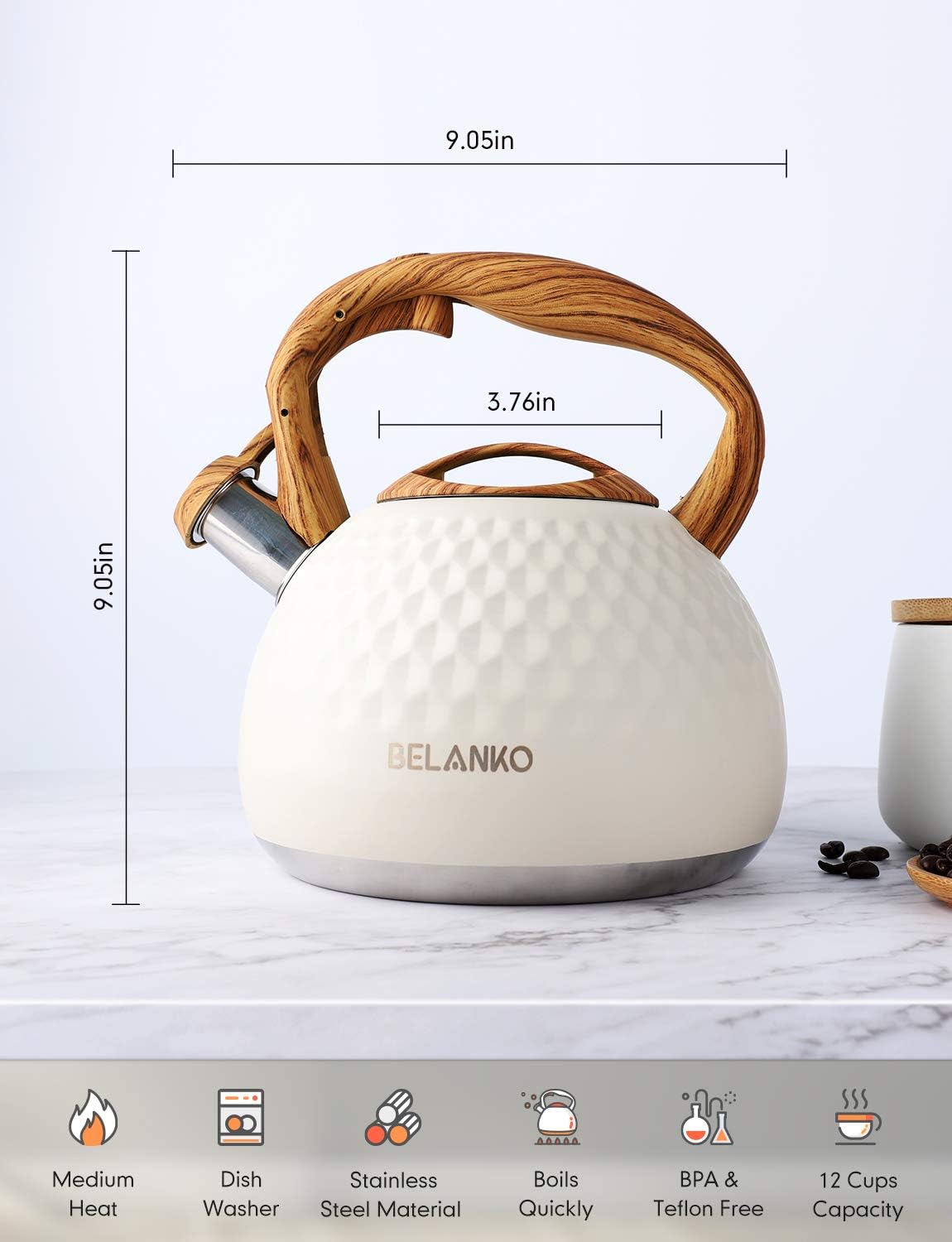 BELANKO 2.7 Quart Tea Kettle for Stovetop - Food Grade Stainless Steel with Diamond Texture, Designer Teapot Look, Cool-Touch Wood Pattern Handle, Whistling Spout - Milk White