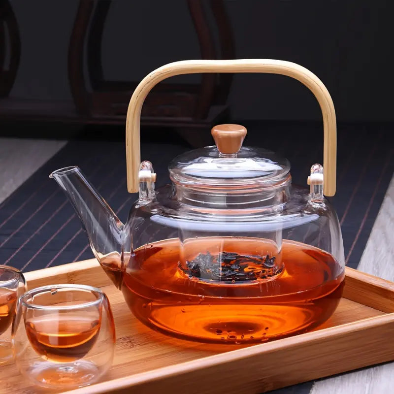 1 PC  High Borosilicate Glass Teapot with Bamboo Handle Detachable Infuser for Boiling and Brewing Flower and Herbal Tea Home Use Tea Kettle