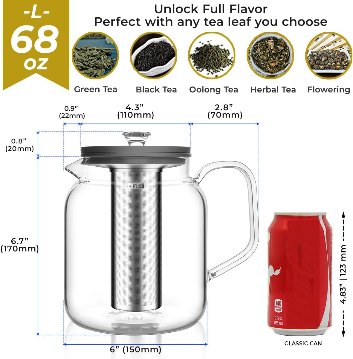 Aquach 68oz Glass Teapot Stovetop Safe with Loose Leaf Tea Steeper