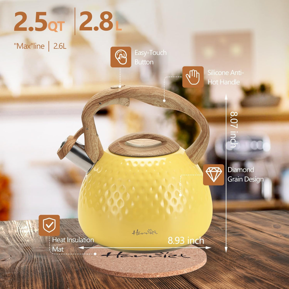 Harriet Whistling Tea Kettle, 2.5QT Food-Grade Steel Teapot, Yellow