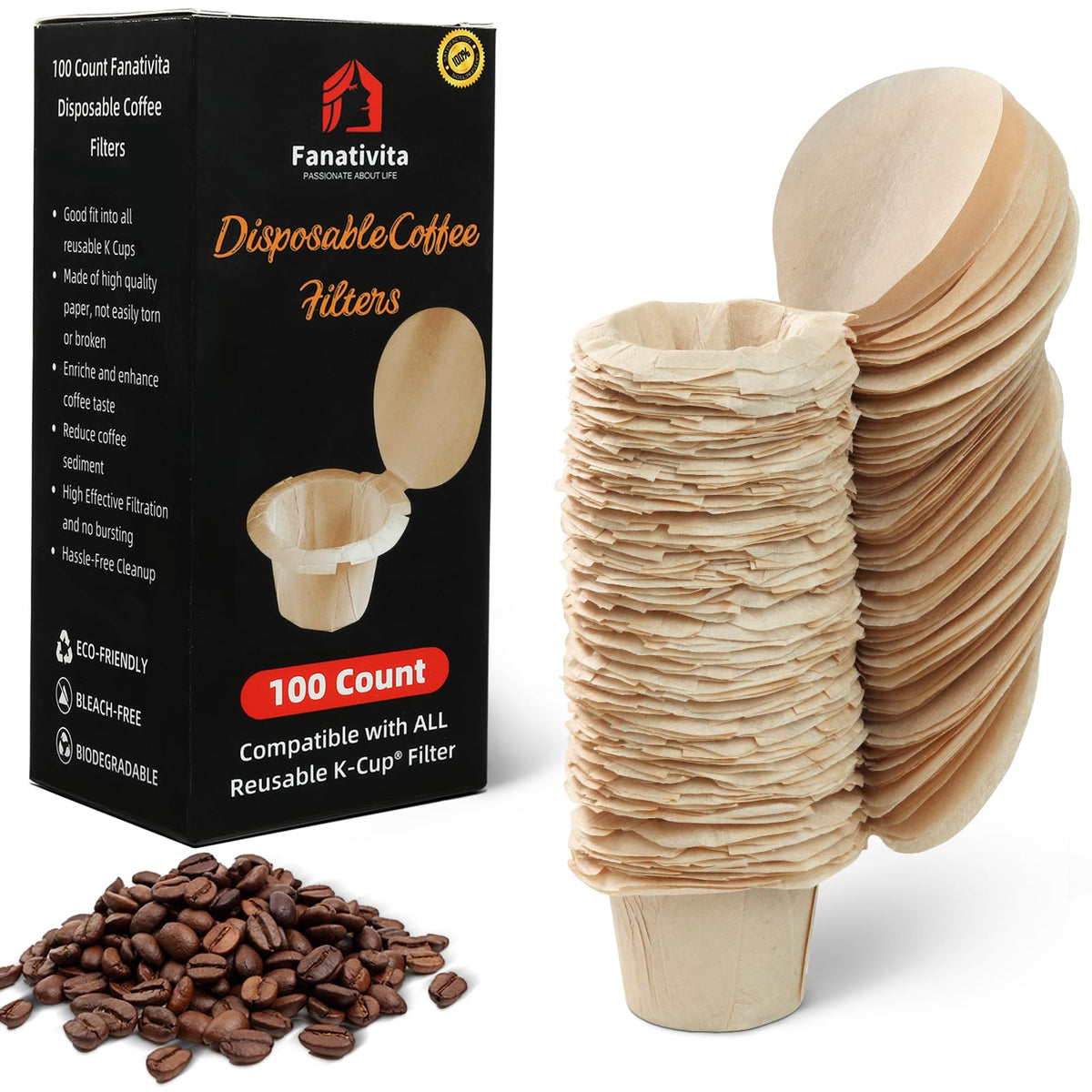 Fanativita 200ct K Cup Coffee Filters with Genius Lid, Unbleached