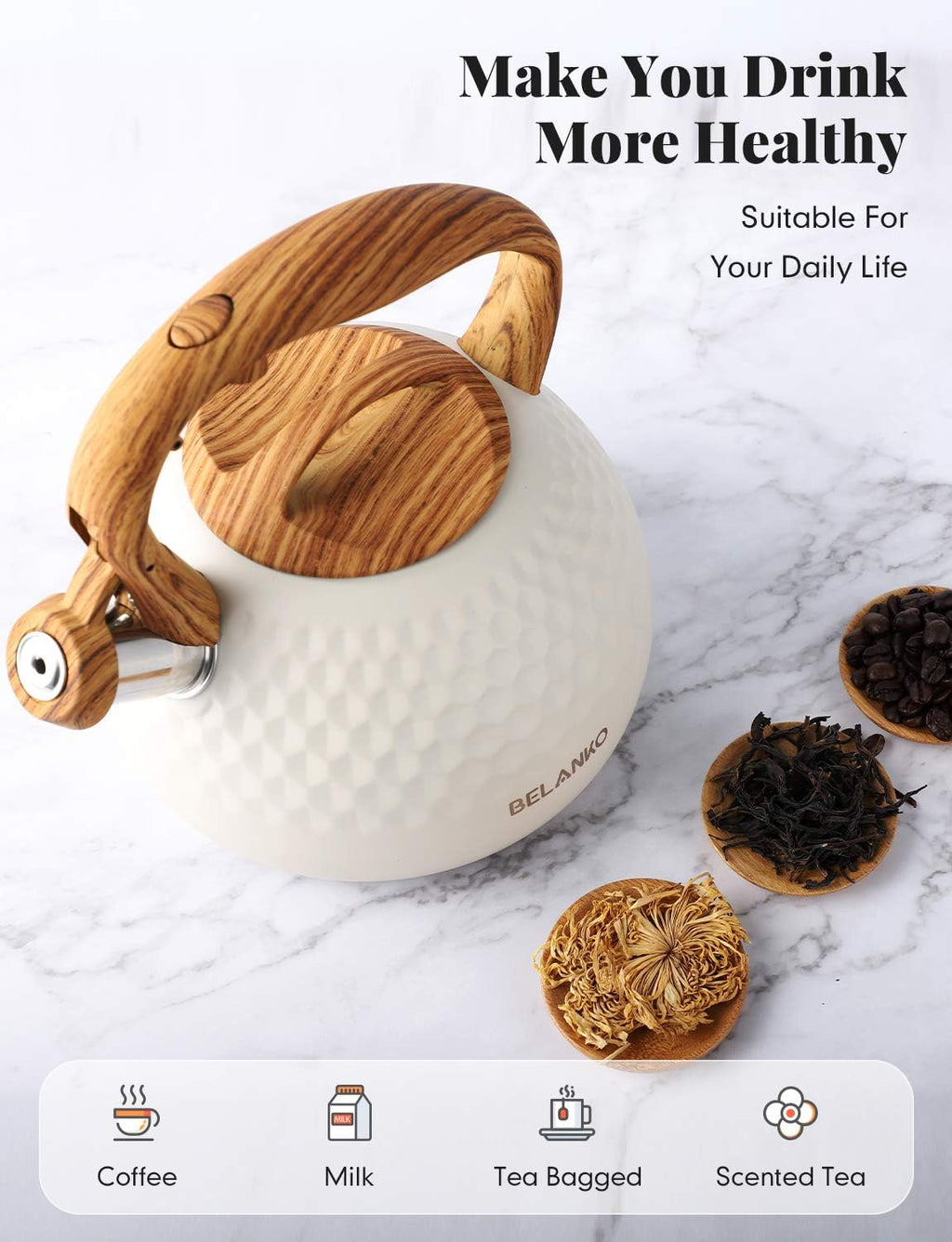 BELANKO 2.7 Quart Tea Kettle for Stovetop - Food Grade Stainless Steel with Diamond Texture, Designer Teapot Look, Cool-Touch Wood Pattern Handle, Whistling Spout - Milk White