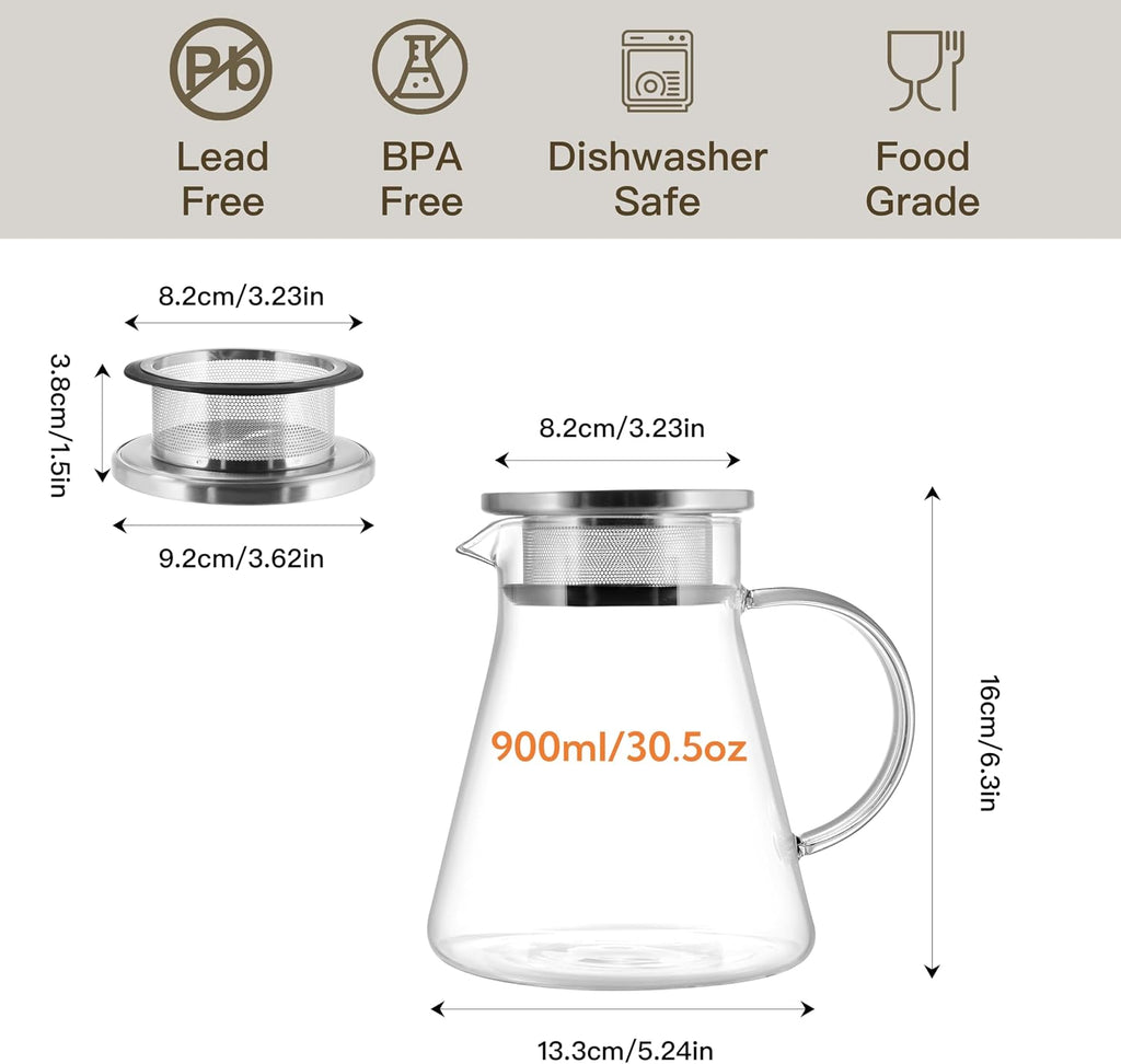 CNGLASS 30.5oz/900ml Glass Teapot Stovetop Safe,One-Touch Clear Tea Kettle,Blooming and Loose Leaf Tea Maker