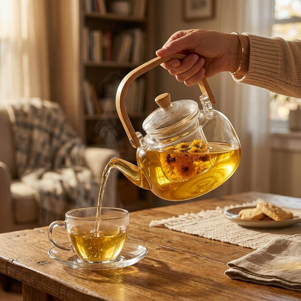 1500ml (50.72oz) Borosilicate Glass Teapot with Wooden Handle, Stovetop Safe Large Tea Kettle with Removable Glass Infuser for Blooming Tea & Loose Leaf Tea