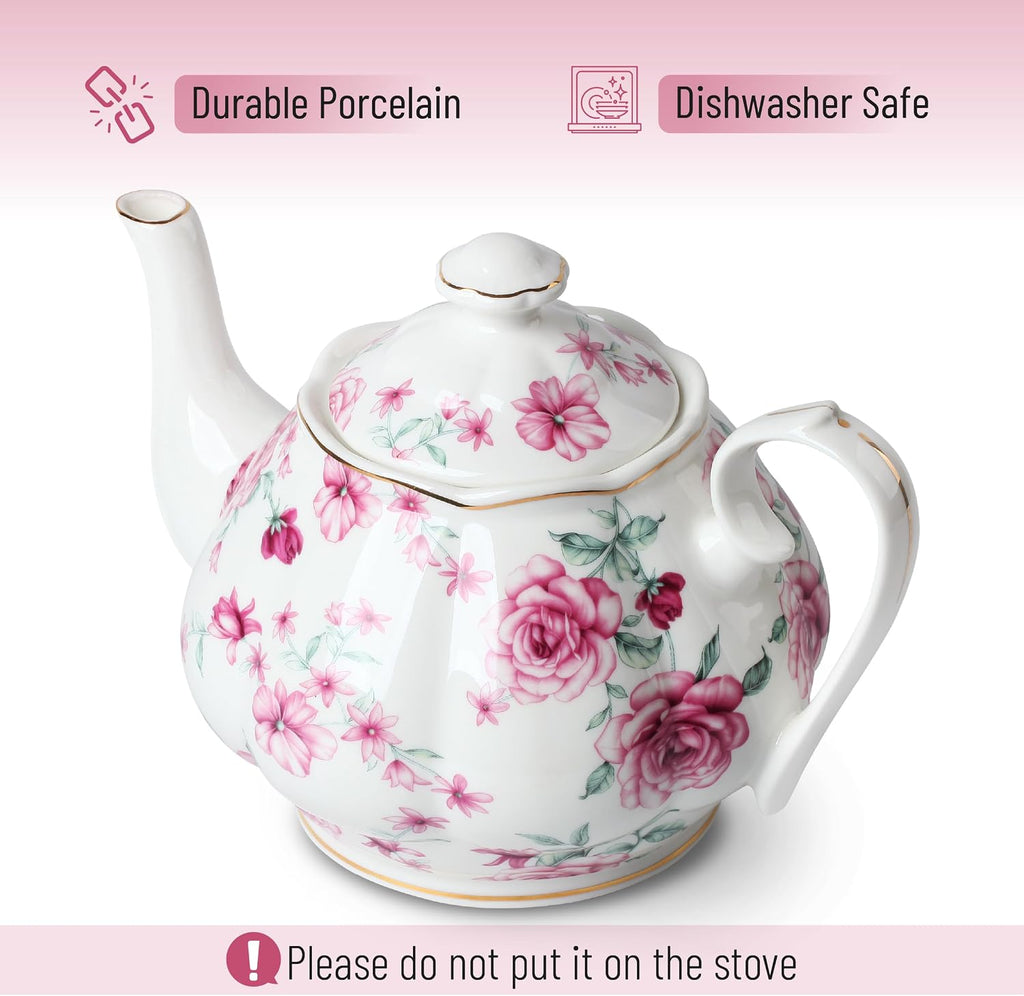 BTaT Floral Teapot, 38 oz Bone China, Perfect for Tea Set & Parties