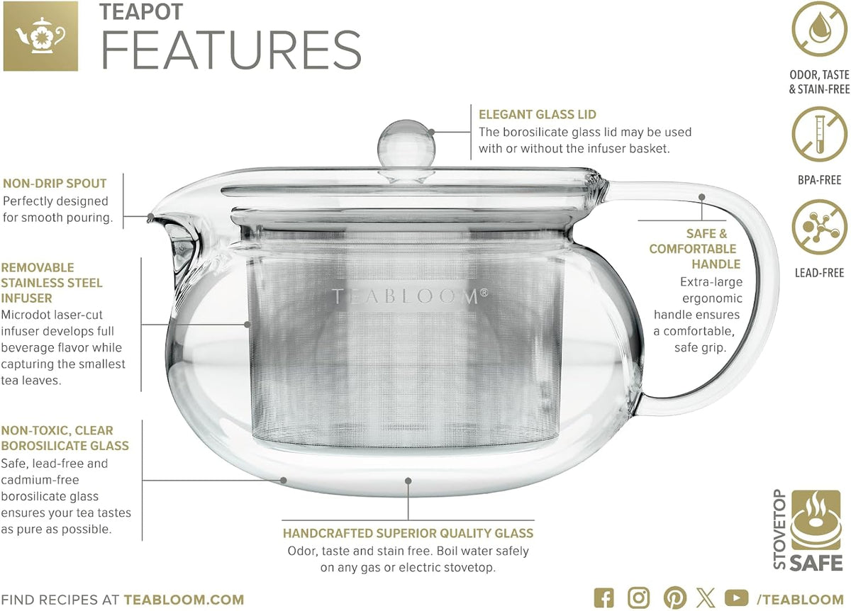 Teabloom Kyoto 2-in-1 Tea Kettle and Tea Maker – Glass Teapot with Removable Loose Tea Infuser – Tea Connoisseur's Choice
