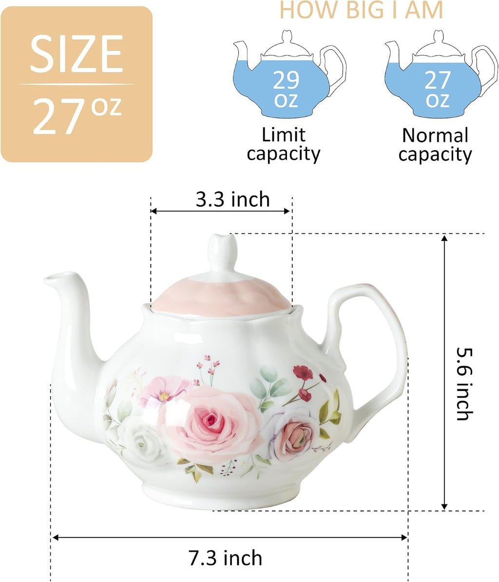 27oz Porcelain Rose Floral Teapot, Classic Tea Gift