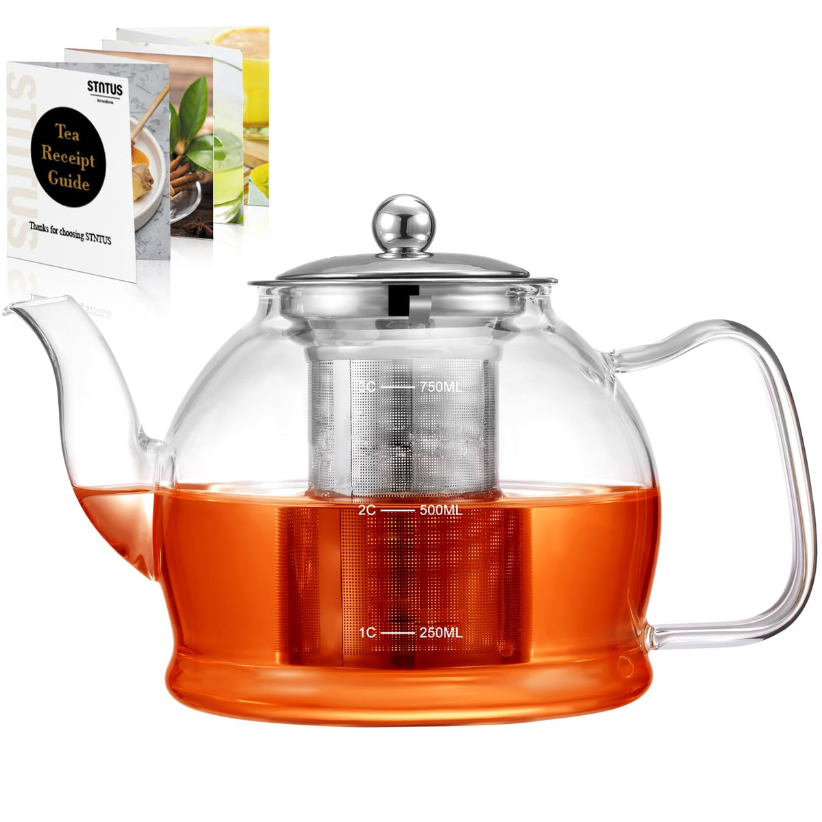 STNTUS Glass Teapot, 40 oz. / 1200 ml for Loose Tea, With Infuser and Stainless Steel Strainer, Stovetop Safe, 4-6 Cups