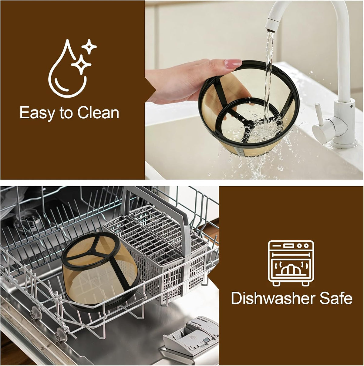 Reusable Coffee Filters 8-12 Cup Compatible with Black Decker Mr Coffee & Most Standard 8-12 Cup Basket-Style Coffee Makers - Permanent Gold Tone Stainless Steel Mesh Coffee Filter Replaces Paper