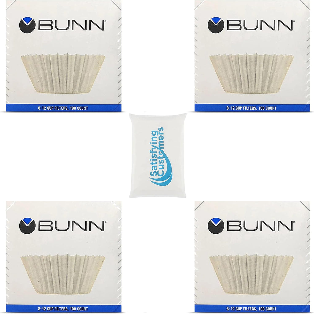 BUNN Coffee Filter – 4 PK - 100 PCS per Pack – Taller – Flat Bottom Liner – Quality Paper for Most Coffee Makers – Aromatic Brew – with Satisfying Customers Travel Tissue Pack (4PK)