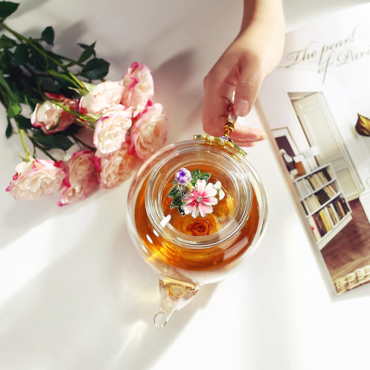 Luka Tech 35OZ Enamel Glass Flower Teapot Gifts For Women