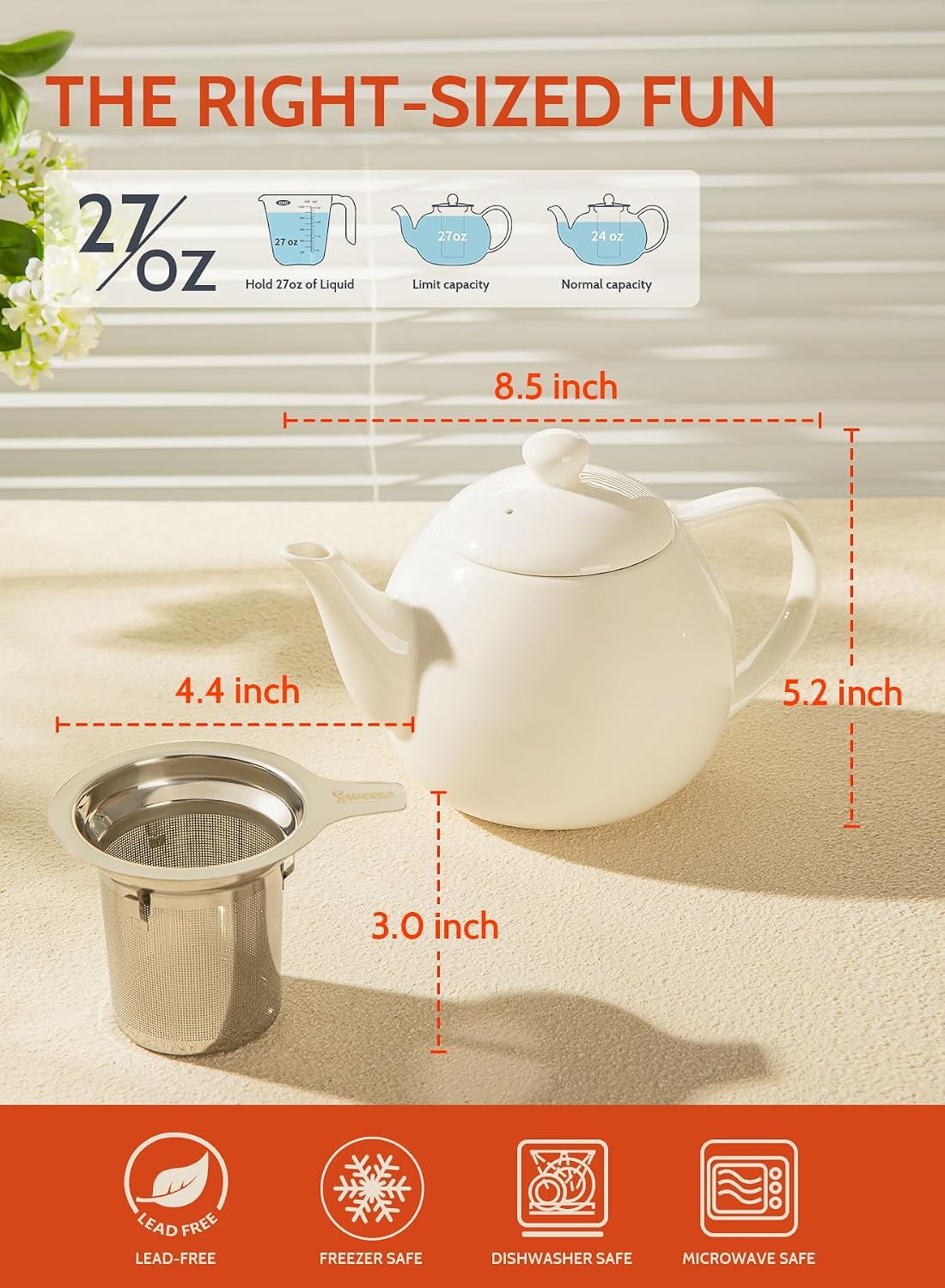 Sweese Teapots for Tea, 27 oz Porcelain Tea pot with Removable Stainless Steel Infuser, Tea Pots for Loose Tea - White