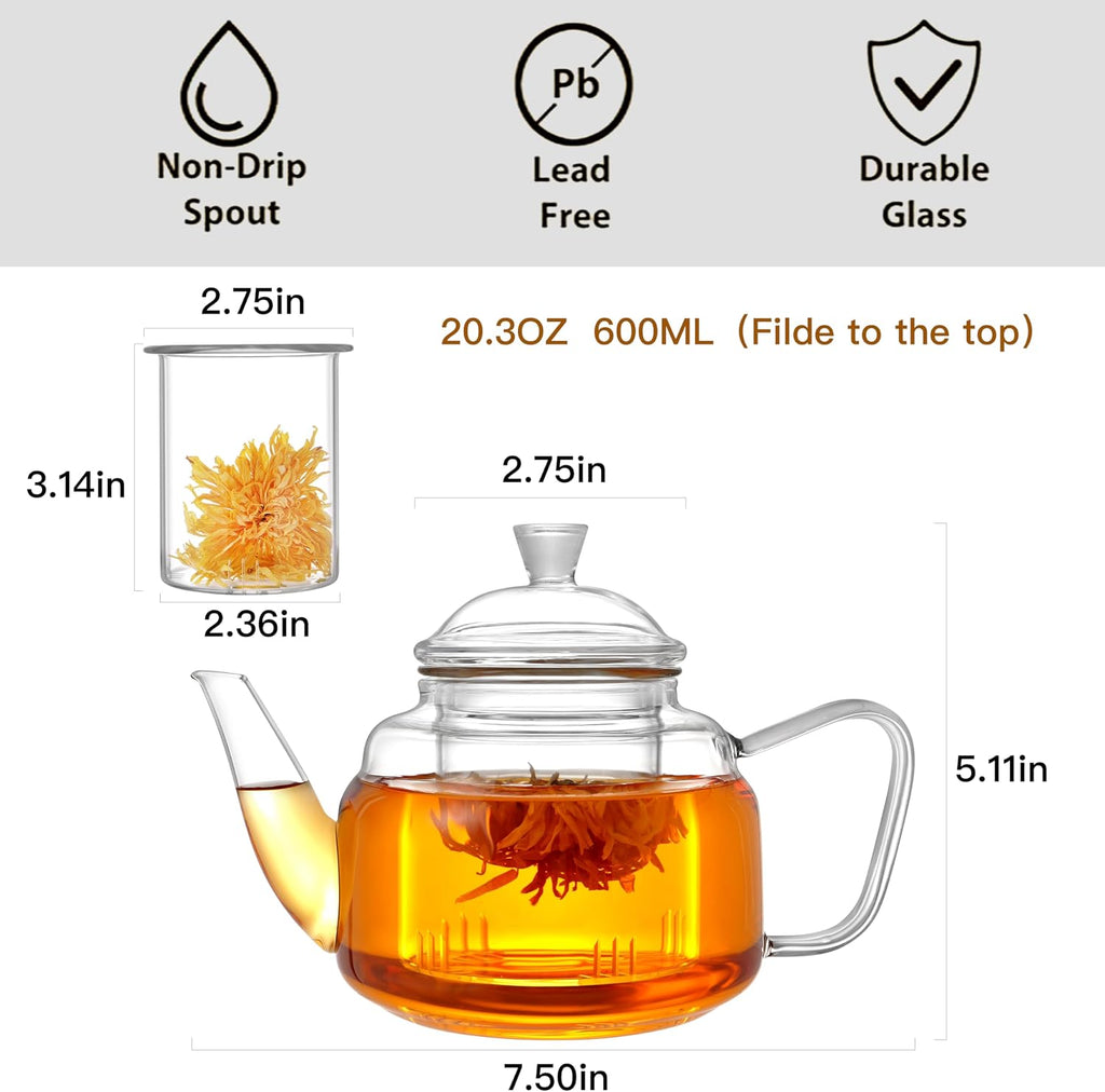 CNGLASS Glass Teapot with Removable Infuser,20oz(600ml) Clear Glass Tea Kettle Stovetop Safe,Glass Teapot with Strainer for Blooming and Loose Leaf Tea