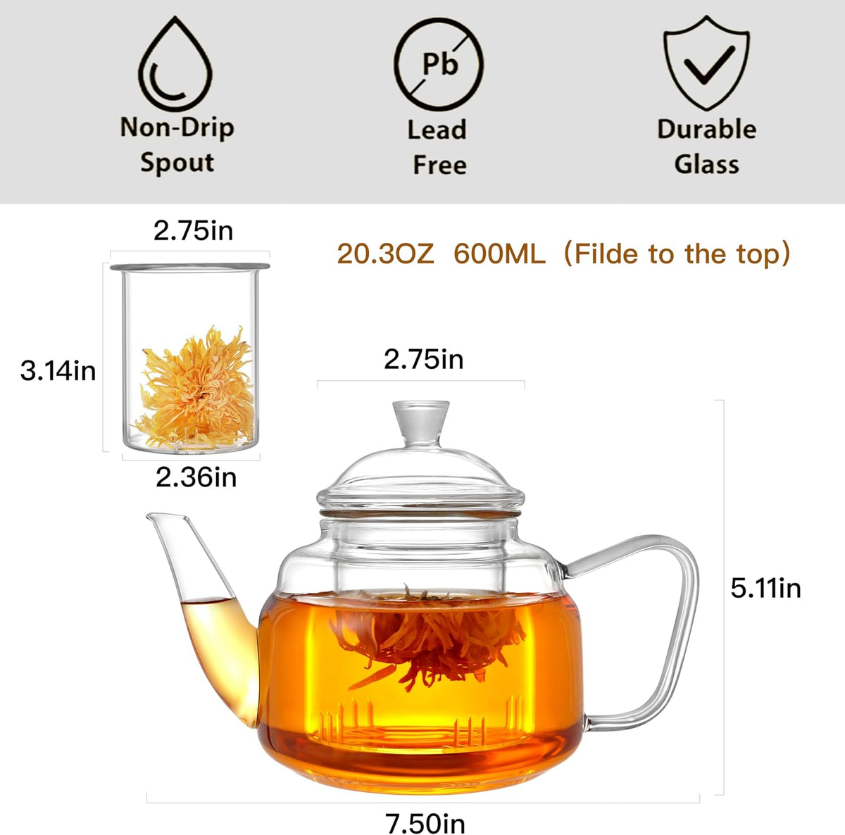 CNGLASS Glass Teapot with Removable Infuser,20oz(600ml) Clear Glass Tea Kettle Stovetop Safe,Glass Teapot with Strainer for Blooming and Loose Leaf Tea