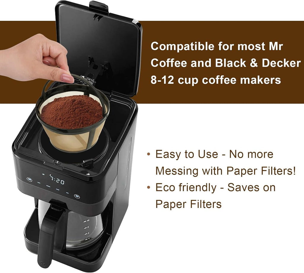 Reusable Coffee Filters 8-12 Cup Compatible with Black Decker Mr Coffee & Most Standard 8-12 Cup Basket-Style Coffee Makers - Permanent Gold Tone Stainless Steel Mesh Coffee Filter Replaces Paper