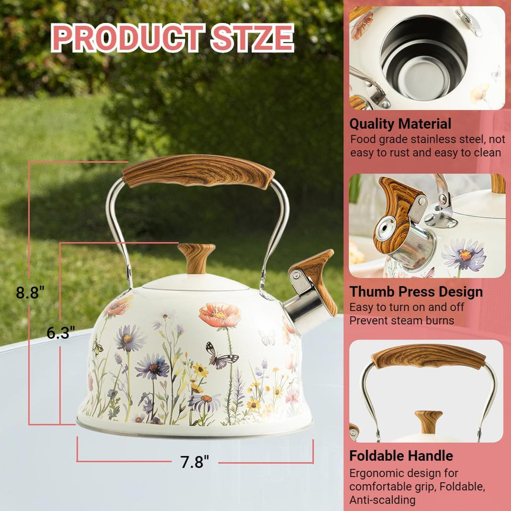 Tea Kettle for Stove Top, 2.7QT Whistling Kettle with Floral Pattern