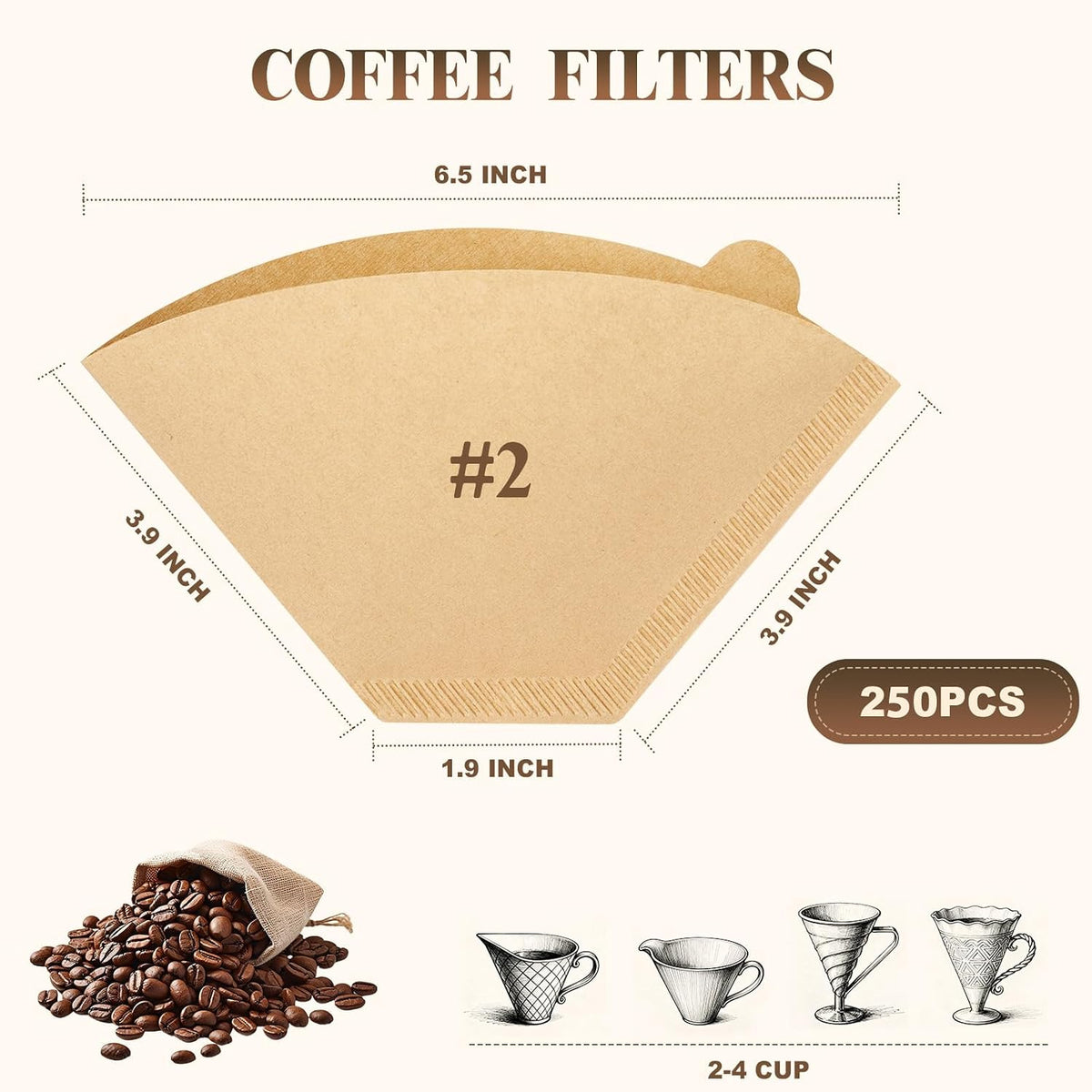 250 Count Coffee Filters #2, Premiun Unbleached Natural No Blowout, 2-4 Cup