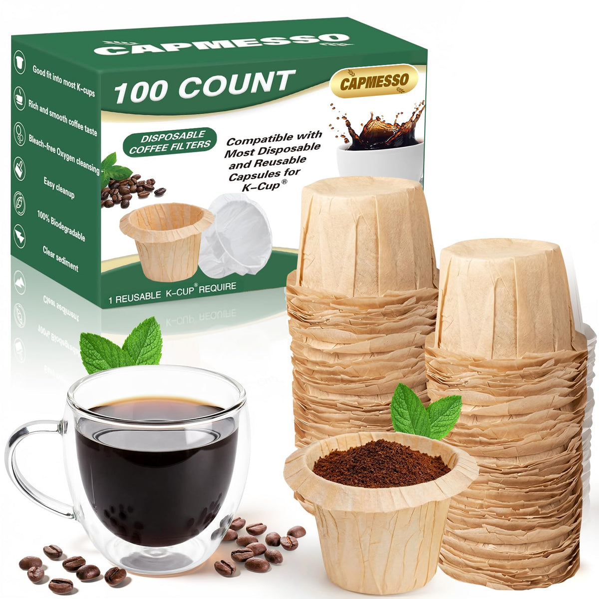 CAPMESSO Disposable Coffee Paper Filters for Keurig Reusable K Cup, 300ct
