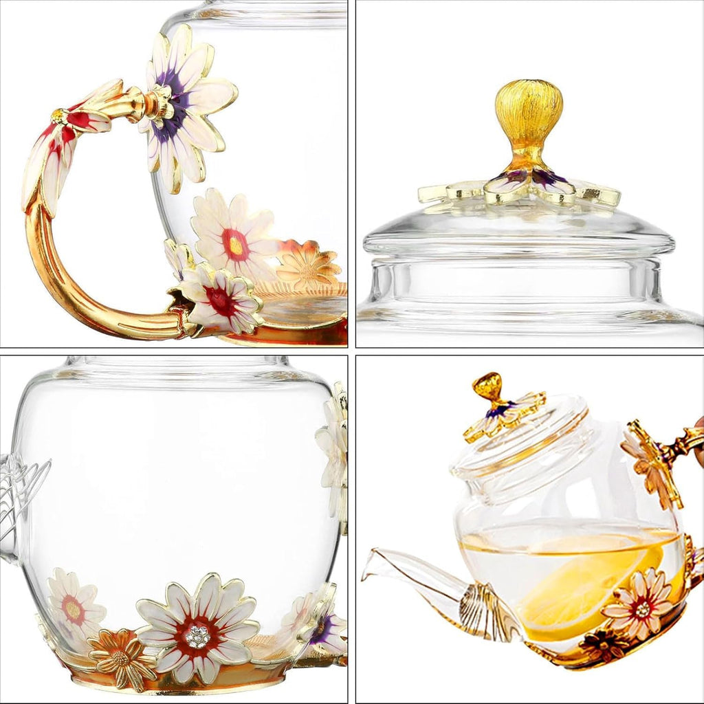 300ml Heat Resistant Glass Teapot with Golden Leaf Edge, Floral Pattern Ret
